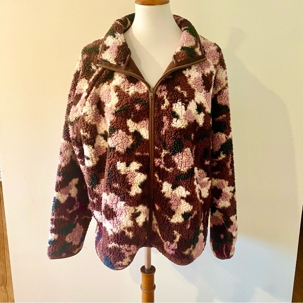 Floral Teddy Fuzzy Jacket Zip Up Size 2X
